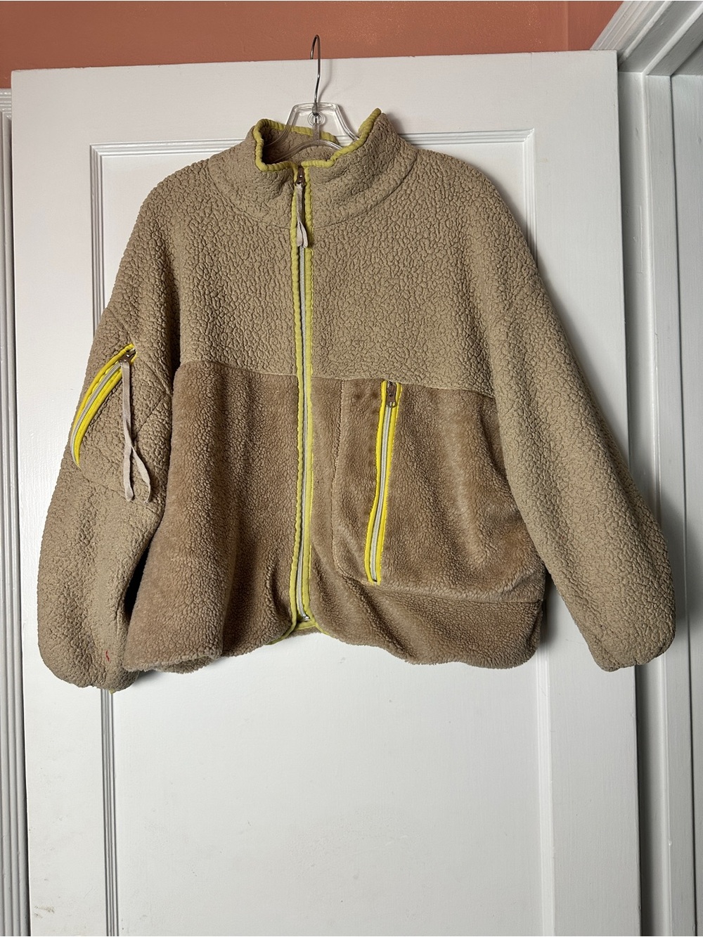 UGG Women's Tan Sherpa Puffer Jacket with Yellow Trim Size SmallMedium